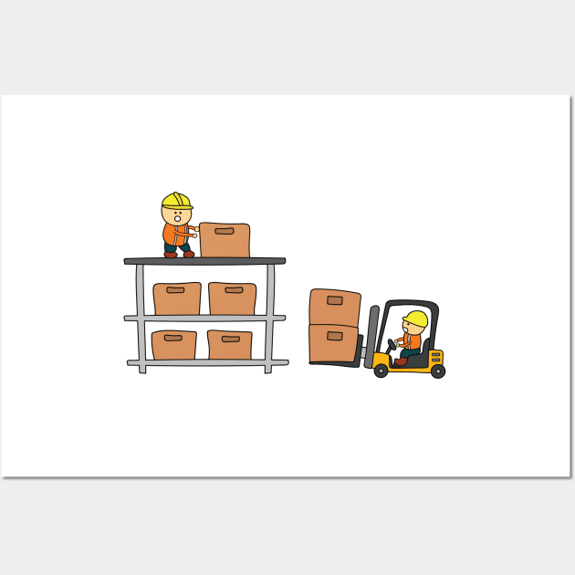 Kids drawing of Warehouse workers loading and arranging boxes with forklift truck Wall Art by wordspotrayal